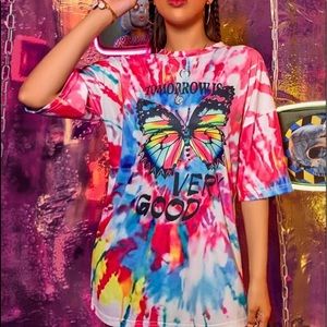 Butterfly Print Tie Dye Oversized Tee
